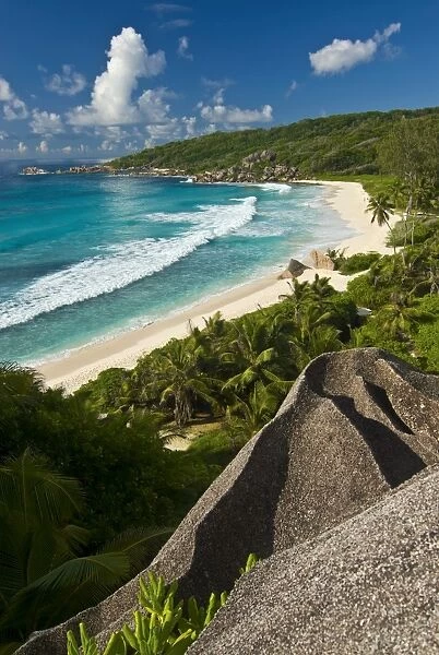 View over the beach of Grand Anse, La Digue, Seychelles, Indian Ocean, Africa