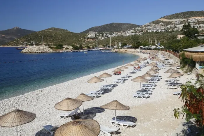Framed Print : View over beach, Kalkan, Lycia, Antalya Province, Mediterranean Coast, Southwest Turkey