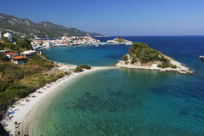 Framed Print : View over beach, Kokkari, Samos, Aegean Islands, Greece