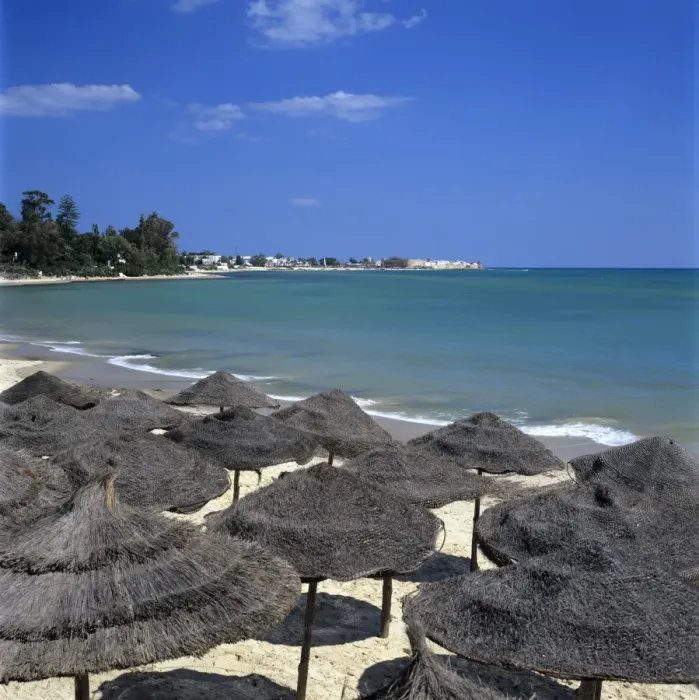 Framed Print : View along beach to the medina from the Sindbad Hotel, Hammamet, Cap Bon Framed Print : View along beach to the medina from the Sindbad Hotel, Hammamet, Cap Bon