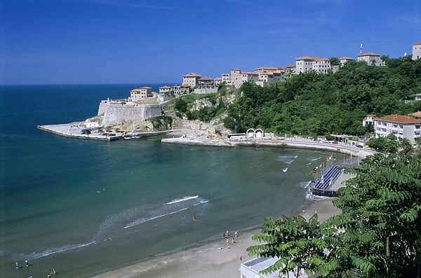 View over beach to the old fortified city, Ulcinj, Haj-Nehaj, Montenegro, Europe