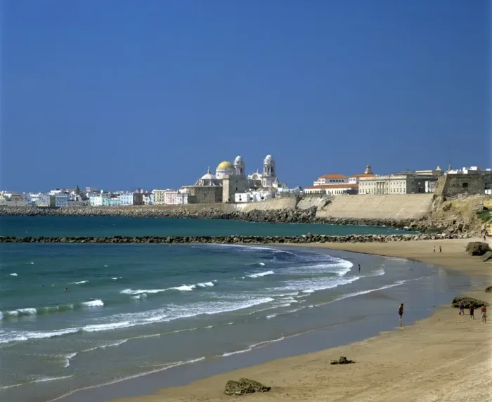 Framed Print : View along beach towards old town, Cadiz, Andalucia, Spain, Europe Framed Print : View along beach towards old town, Cadiz, Andalucia, Spain, Europe