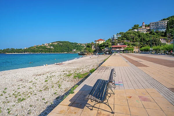 View of beach and promenade in Poros, Poros, Kefalonia, Ionian Islands, Greek Islands, Greece, Europe