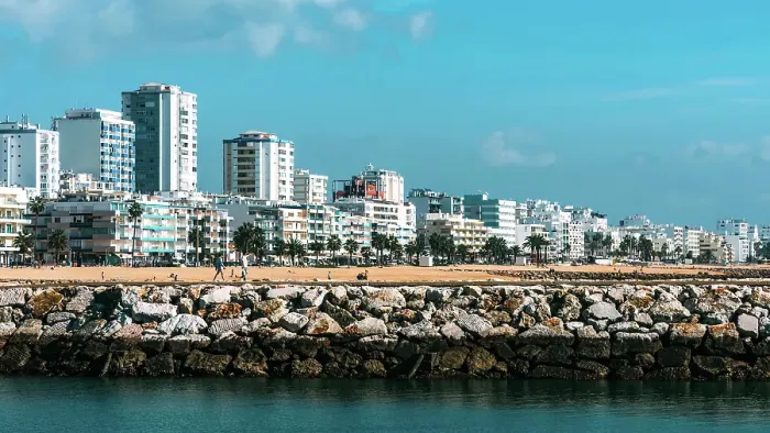 Framed Print : View of beach and promenade at Quarteira, Algarve, Portugal Framed Print : View of beach and promenade at Quarteira, Algarve, Portugal