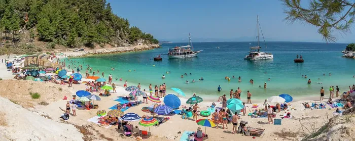 Framed Print : View of beach scene and boat on the sea at Porto Vathy, Makriammos, Thassos, Aegean Sea, Greek Islands, Greece, Europe Framed Print : View of beach scene and boat on the sea at Porto Vathy, Makriammos, Thassos, Aegean Sea, Greek Islands, Greece, Europe