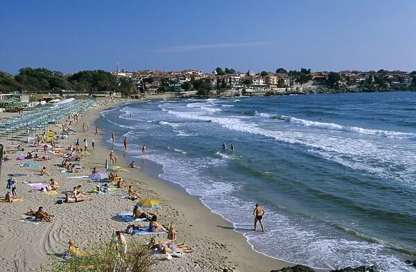 View over beach, Sozopol, Black Sea coast, Bulgaria, Europe