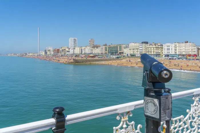 Framed Print : View of beach and telescope on a sunny day from Brighton Palace Pier, Brighton Framed Print : View of beach and telescope on a sunny day from Brighton Palace Pier, Brighton
