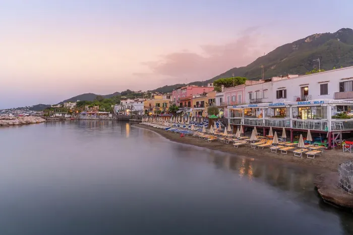Framed Print : View of beach and the town of Lacco Ameno at sunset, Island of Ischia, Campania, Italy, Europe Framed Print : View of beach and the town of Lacco Ameno at sunset, Island of Ischia, Campania, Italy, Europe