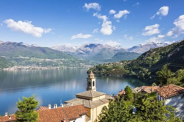 View of the bell tower and village of Dorio, Lake Como, Province of Lecco, Italian Lakes