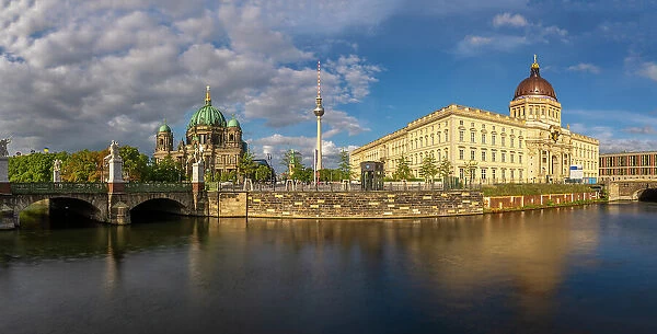 View of Berlin Cathedral, Berliner Fernsehturm, Berliner Schloss and Spree river, Museum Island, Mitte, Berlin, Germany, Europe