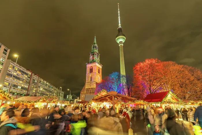 Framed Print : View of Berlin TV Tower, St. Mary's Church and Christmas market in Wasserkaskaden at dusk, Mitte, Berlin, Germany Framed Print : View of Berlin TV Tower, St. Mary's Church and Christmas market in Wasserkaskaden at dusk, Mitte, Berlin, Germany