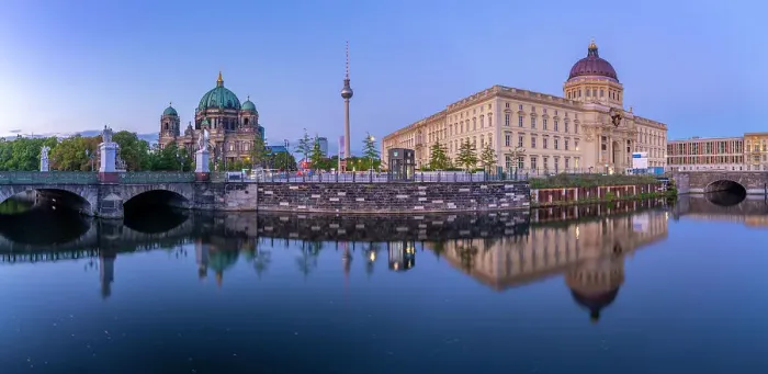 Framed Print : View of Berliner Dom, Berliner Fernsehturm and Humboldt Forum reflecting in River Spree at dusk, Berlin, Germany, Europe Framed Print : View of Berliner Dom, Berliner Fernsehturm and Humboldt Forum reflecting in River Spree at dusk, Berlin, Germany, Europe