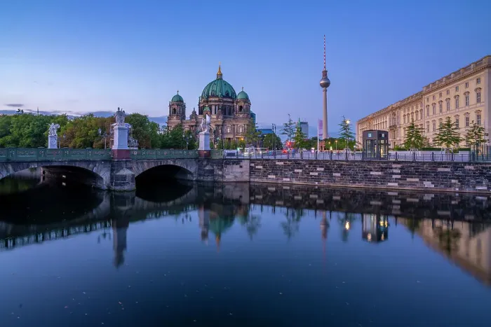 Framed Print : View of Berliner Dom, Berliner Fernsehturm reflecting in River Spree at dusk, Berlin, Germany, Europe Framed Print : View of Berliner Dom, Berliner Fernsehturm reflecting in River Spree at dusk, Berlin, Germany, Europe