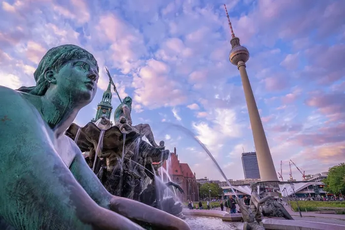 Framed Print : View of Berliner Fernsehturm and Neptunbrunnen fountain at dusk, Panoramastrasse, Berlin, Germany, Europe Framed Print : View of Berliner Fernsehturm and Neptunbrunnen fountain at dusk, Panoramastrasse, Berlin, Germany, Europe