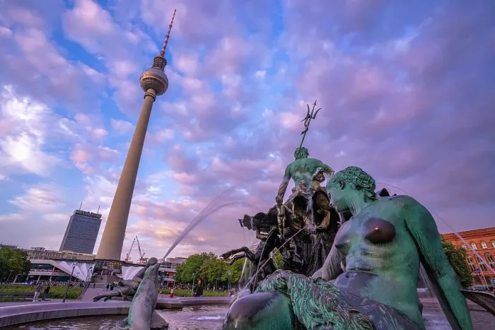 Framed Print : View of Berliner Fernsehturm and Neptunbrunnen fountain at dusk, Panoramastrasse, Berlin, Germany, Europe Framed Print : View of Berliner Fernsehturm and Neptunbrunnen fountain at dusk, Panoramastrasse, Berlin, Germany, Europe