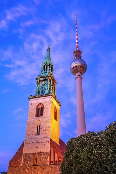 Framed Print : View of Berliner Fernsehturm and St. Mary's Church at dusk, Panoramastrasse, Berlin, Germany, Europe Framed Print : View of Berliner Fernsehturm and St. Mary's Church at dusk, Panoramastrasse, Berlin, Germany, Europe