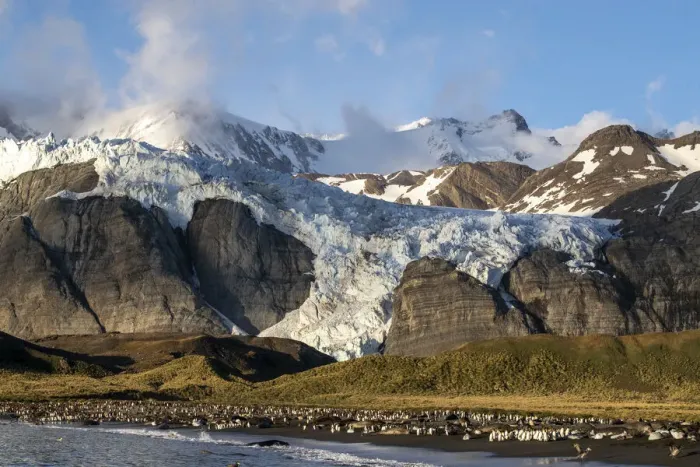 Framed Print : A view of the Bertrab Glacier in Gold Harbour on the island of South Georgia, South Atlantic, Polar Regions