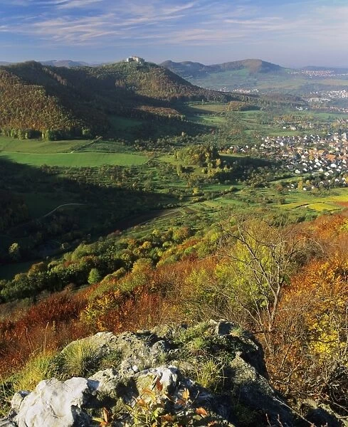 View from Beurener Fels Rock to Castle Ruin Hohenneuffen, Beuren, Swabian Alb, Baden Wurttemberg, Germany, Europe