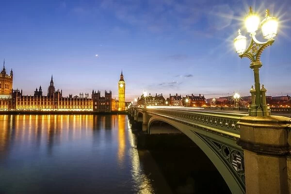 View of Big Ben and Palace of Westminster, River Thames and Westminster Bridge at night