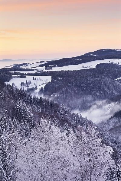 View from Black Forest Highway to Glottertal Tal Valley at sunset, Black Forest, Baden-Wurttemberg