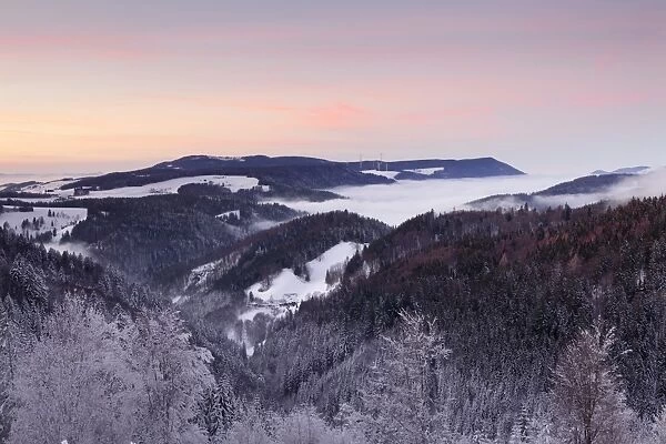 View from Black Forest Highway to Simonswaelder Tal Valley at sunset, Black Forest