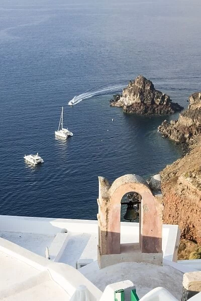 Top view of the blue Aegean Sea from the typical village of Oia, Santorini, Cyclades