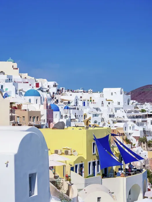 Framed Print : View towards the blue domed churches of Resurrection of the Lord and Saint Spyridon, Oia Village, Santorini (Thira) Island, Cyclades, Greek Islands, Greece, Europe Framed Print : View towards the blue domed churches of Resurrection of the Lord and Saint Spyridon, Oia Village, Santorini (Thira) Island, Cyclades, Greek Islands, Greece, Europe