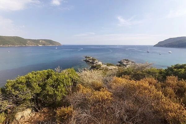 View of blue sea from inland, Lacona, Capoliveri, Elba Island, Livorno Province, Tuscany