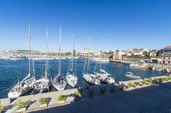 View over the boat harbour of the coastal town of Alghero, Sardinia, Italy, Mediterranean