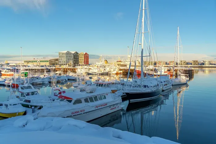 Framed Print : View of boats and colourful buildings around Hafnarfjorour Marina in winter, Hafnarfjorour, Iceland Framed Print : View of boats and colourful buildings around Hafnarfjorour Marina in winter, Hafnarfjorour, Iceland