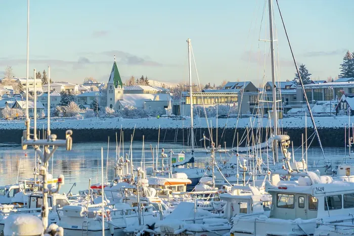 Framed Print : View of boats in Hafnarfjorour Marina and town in background in winter, Hafnarfjorour, Iceland Framed Print : View of boats in Hafnarfjorour Marina and town in background in winter, Hafnarfjorour, Iceland