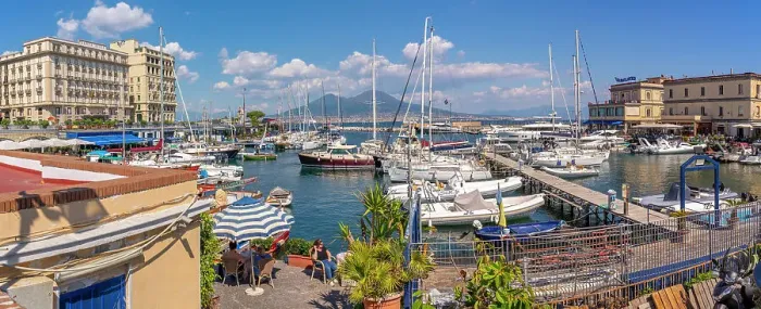 Framed Print : View of boats in harbour, restaurants and Mount Vesuvius from Ovo Castle, Naples, Campania, Italy, Europe Framed Print : View of boats in harbour, restaurants and Mount Vesuvius from Ovo Castle, Naples, Campania, Italy, Europe