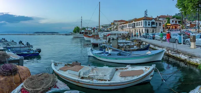 Framed Print : View of boats and harbour in Thassos Town at dusk, Thassos, Aegean Sea, Greek Islands, Greece, Europe Framed Print : View of boats and harbour in Thassos Town at dusk, Thassos, Aegean Sea, Greek Islands, Greece, Europe
