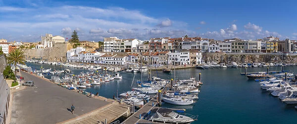 View of boats in marina and whitewashed houses from elevated position, Ciutadella, Menorca, Balearic Islands, Spain, Mediterranean, Europe