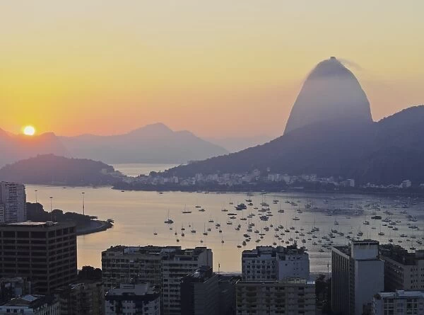 View over Botafogo Neighbourhood towards the Sugarloaf Mountain at sunrise, Rio de Janeiro
