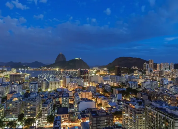 Framed Print : View over Botafogo towards the Sugarloaf Mountain at twilight, Rio de Janeiro, Brazil Framed Print : View over Botafogo towards the Sugarloaf Mountain at twilight, Rio de Janeiro, Brazil