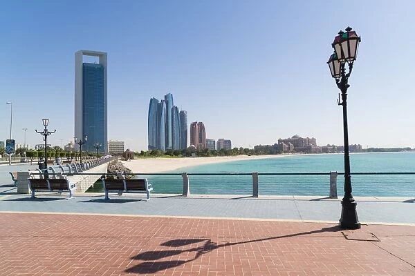 View from the Breakwater towards Abu Dhabi Oil Company HQ and Etihad Towers, Abu Dhabi