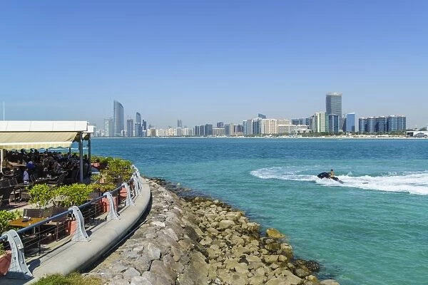 View from the Breakwater to the city skyline across the Gulf, Abu Dhabi, United Arab Emirates