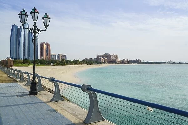 View from the Breakwater towards Etihad Towers and Emirates Palace Hotel and beach