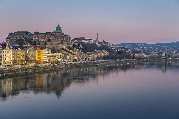 View of Budapest Castle reflecting in the Danube River during early morning, UNESCO