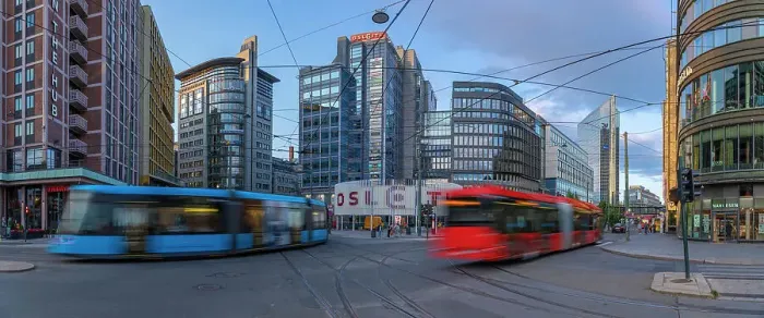 Framed Print : View of buildings and city tram in Jernbanetorget, Oslo, Norway, Scandinavia, Europe