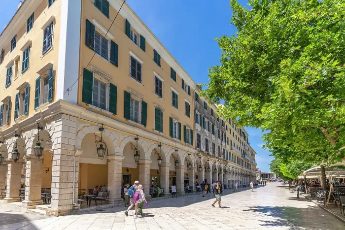 Framed Print : View of buildings and restaurants on the Liston Esplanade, Corfu Old Town, Corfu, The Ionian Islands, Greek Islands, Greece, Europe