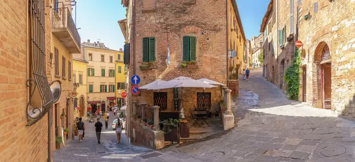 Framed Print : View of cafe and bar in narrow street in Montepulciano, Montepulciano, Province of Siena, Tuscany, Italy, Europe