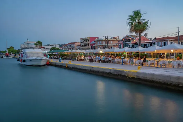 Framed Print : View of cafe and restaurant at the harbour at dusk, Lixouri, Kefalonia, Ionian Islands, Greek Islands, Greece, Europe Framed Print : View of cafe and restaurant at the harbour at dusk, Lixouri, Kefalonia, Ionian Islands, Greek Islands, Greece, Europe