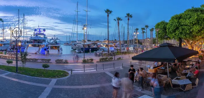 Framed Print : View of cafes and boats in Kos Harbour at dusk, Kos Town, Kos, Dodecanese, Greek Islands, Greece, Europe Framed Print : View of cafes and boats in Kos Harbour at dusk, Kos Town, Kos, Dodecanese, Greek Islands, Greece, Europe