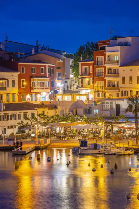 Framed Print : View of cafes, restaurants and boats in harbour at dusk, Cales Fonts, Es Castell, Menorca, Balearic Islands, Spain, Mediterranean, Europe Framed Print : View of cafes, restaurants and boats in harbour at dusk, Cales Fonts, Es Castell, Menorca, Balearic Islands, Spain, Mediterranean, Europe