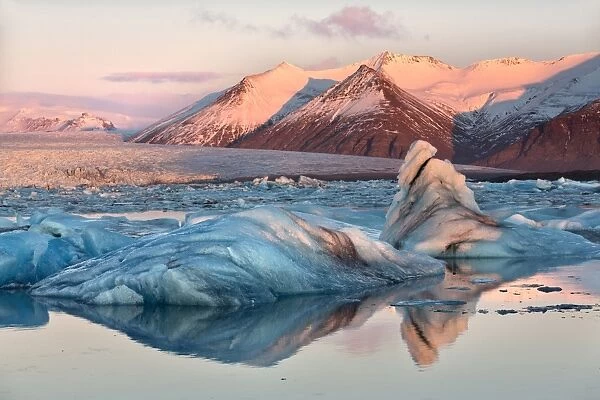 View across the calm water of Jokulsarlon glacial lagoon towards snow-capped mountains and icebergs bathed in winter morning light, at the head of the Breidamerkurjokull Glacier on the edge of the Vatnajokull National Park, South Iceland, Iceland, Polar Regions