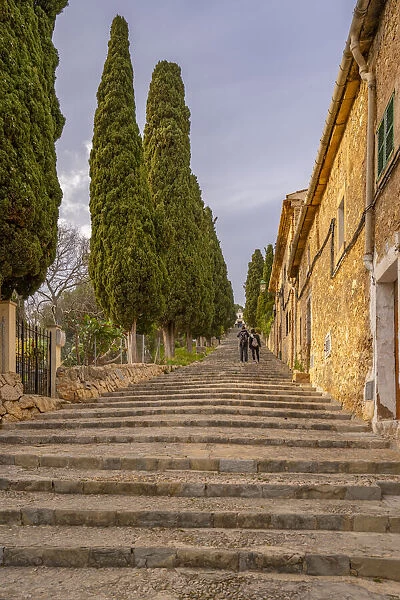 View of the Calvary Steps and Calvary Chapel in the old town of Pollenca, Pollenca, Majorca, Balearic Islands, Spain, Mediterranean, Europe
