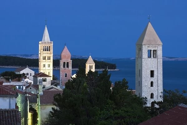 View over campaniles of old town at dusk, Rab Town, Rab Island, Kvarner Gulf, Croatia, Adriatic, Europe