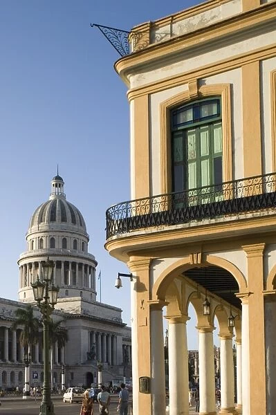 A view of the Capitolio and nearby colonial style arcade in central Havana